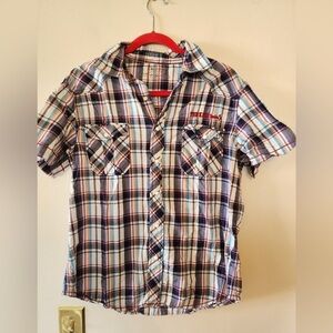Mens Arizona snap button plaid short sleeve orange shirt size medium